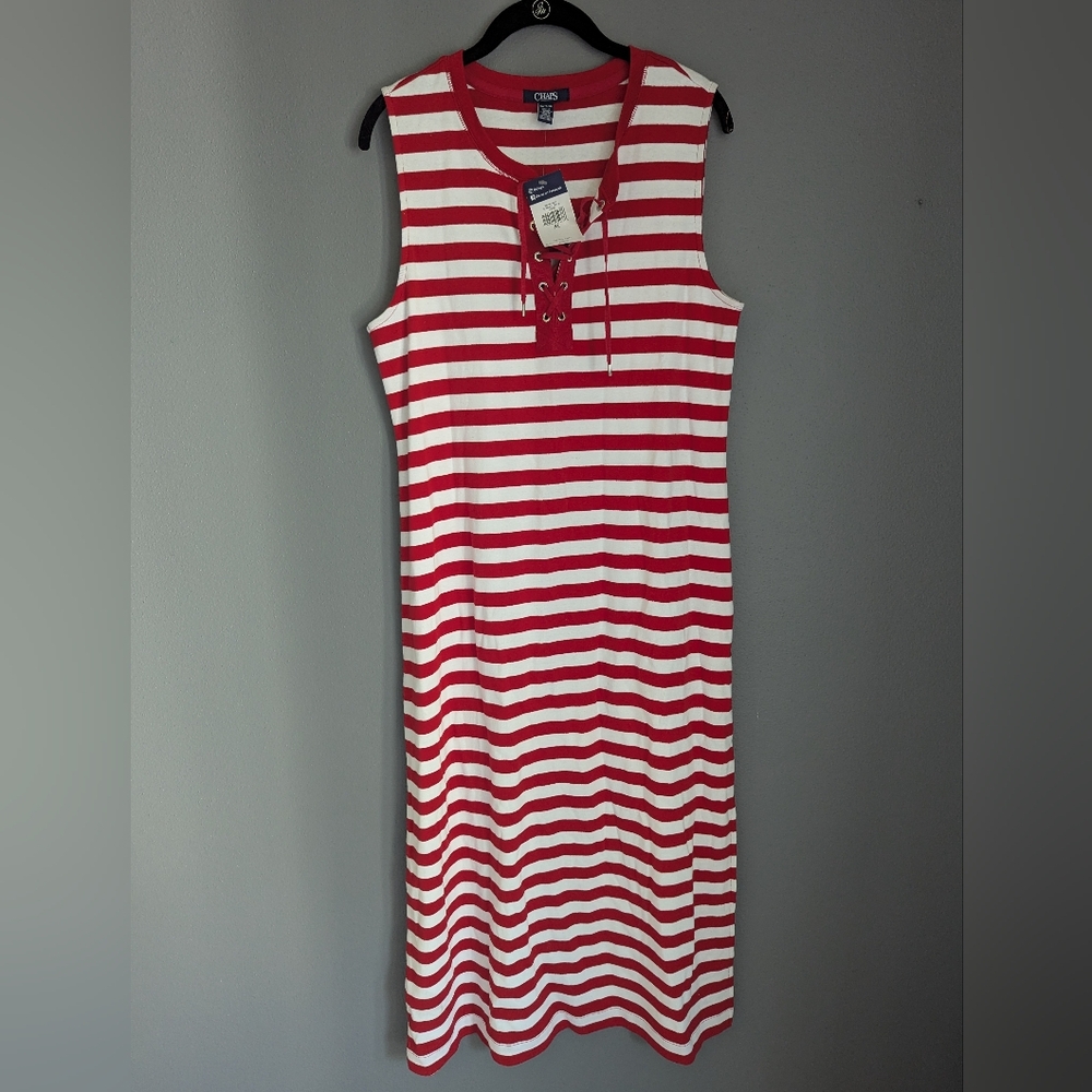 NWT. Chaps sleeveless long red And white striped dress women's XL 19 X 51